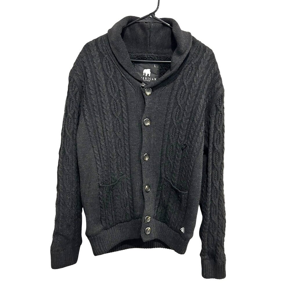 American Stitch Mens Black Cable Knit Cardigan Sweater Shawl Collar Sz Large